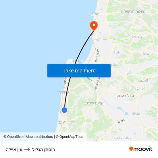 עין איילה to בוסתן הגליל map