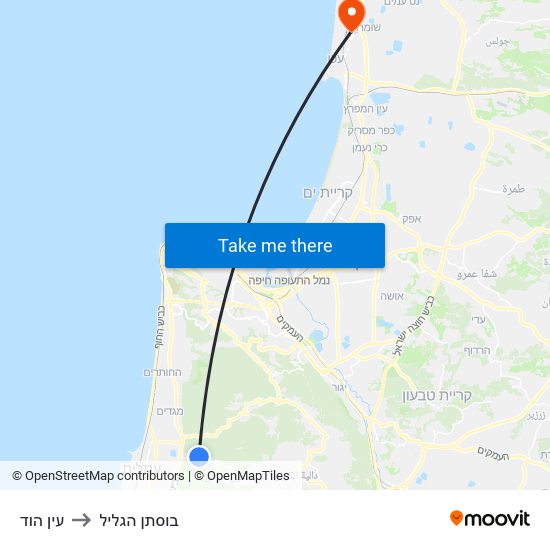 עין הוד to בוסתן הגליל map