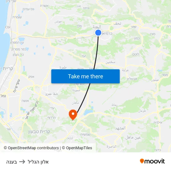 בענה to אלון הגליל map