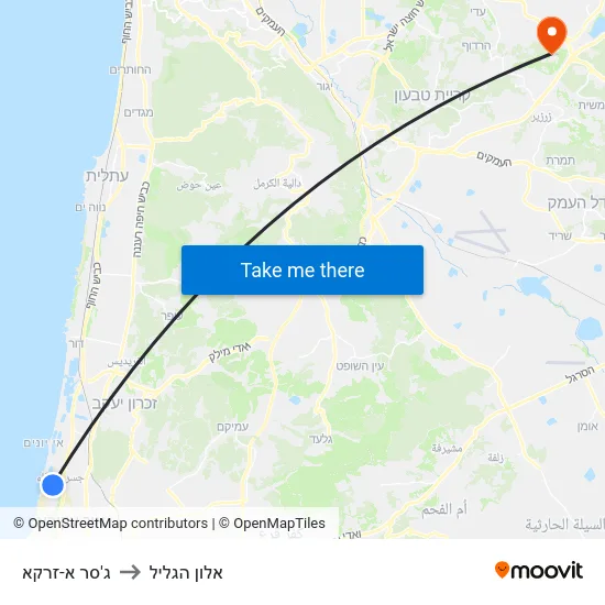 ג'סר א-זרקא to אלון הגליל map