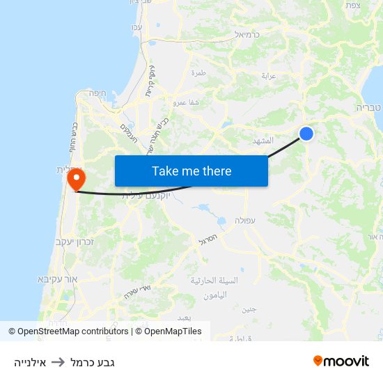 אילנייה to גבע כרמל map