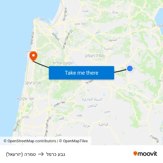 טמרה (יזרעאל) to גבע כרמל map