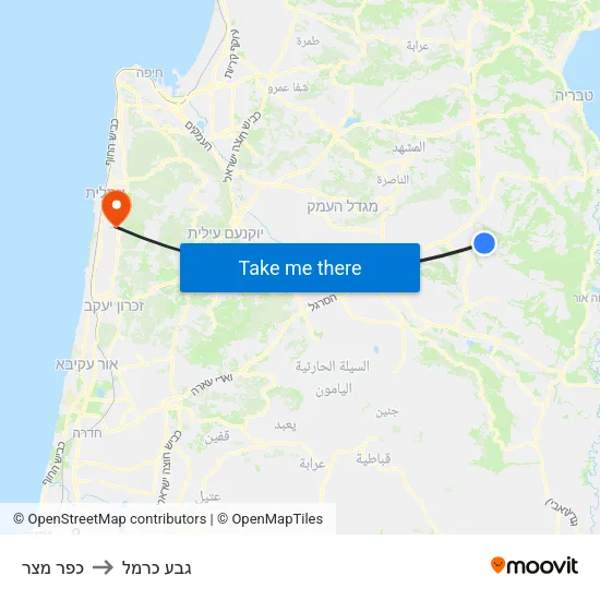 כפר מצר to גבע כרמל map