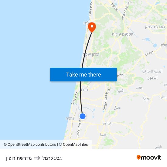 מדרשת רופין to גבע כרמל map