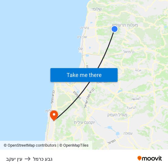 עין יעקב to גבע כרמל map