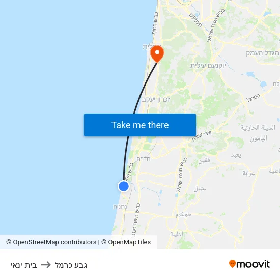 בית ינאי to גבע כרמל map