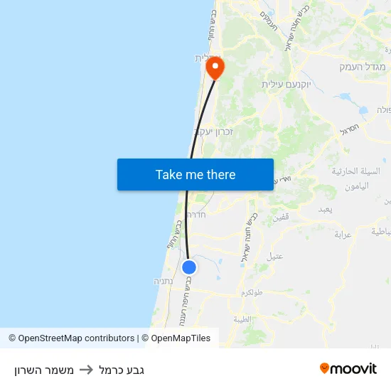 משמר השרון to גבע כרמל map