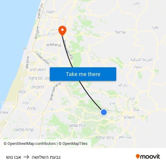 אבו גוש to גבעת השלושה map