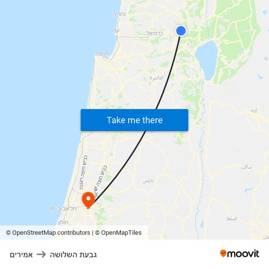 אמירים to גבעת השלושה map