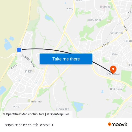 רכבת יבנה מערב to גן שלמה map