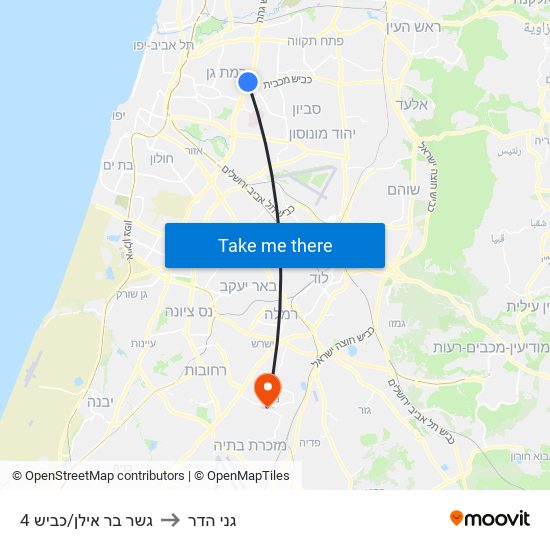 גשר בר אילן/כביש 4 to גני הדר map