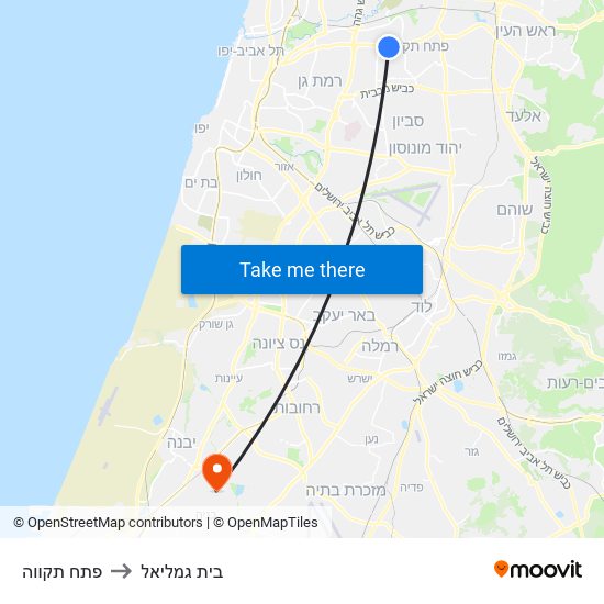 פתח תקווה to בית גמליאל map