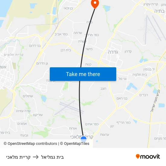קריית מלאכי to בית גמליאל map