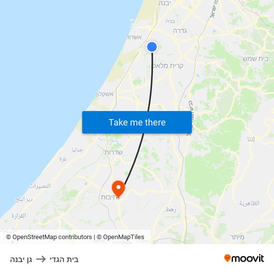 גן יבנה to בית הגדי map