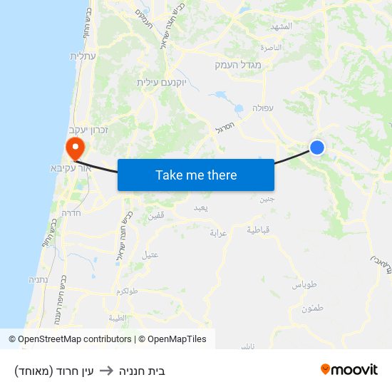 עין חרוד (מאוחד) to בית חנניה map