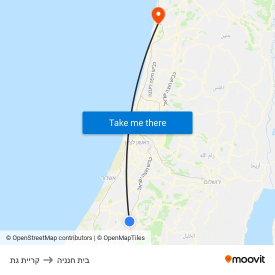 קריית גת to בית חנניה map