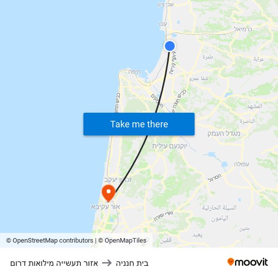 אזור תעשייה מילואות דרום to בית חנניה map