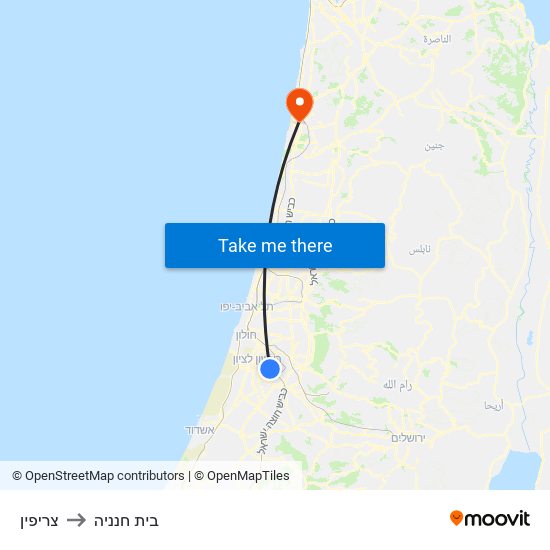 צריפין to בית חנניה map