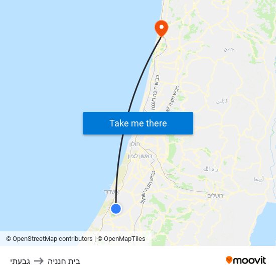 גבעתי to בית חנניה map