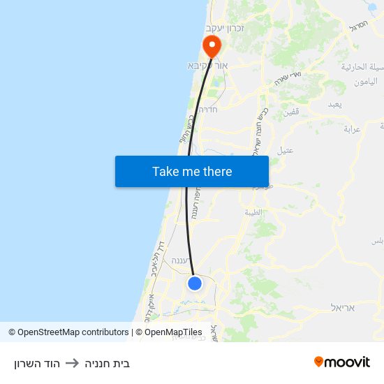 הוד השרון to בית חנניה map