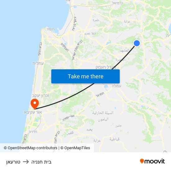 טורעאן to בית חנניה map