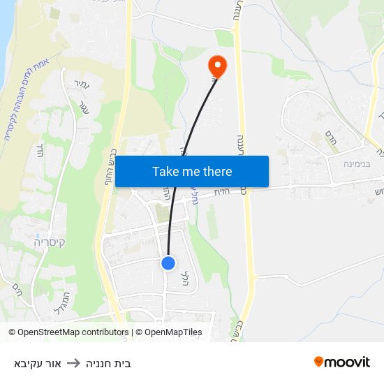 אור עקיבא to בית חנניה map