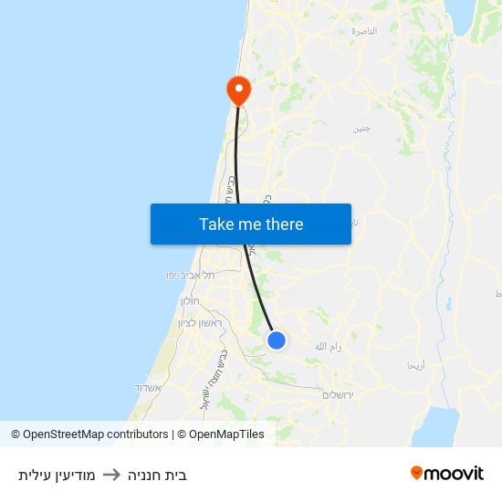 מודיעין עילית to בית חנניה map