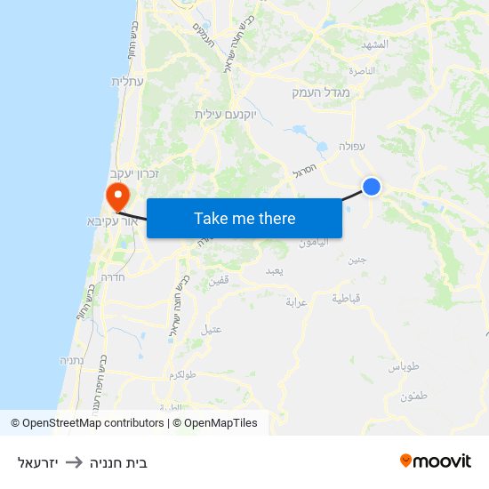 יזרעאל to בית חנניה map