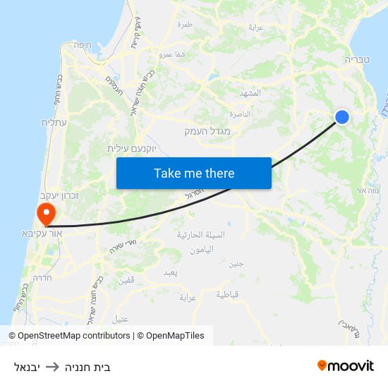 יבנאל to בית חנניה map