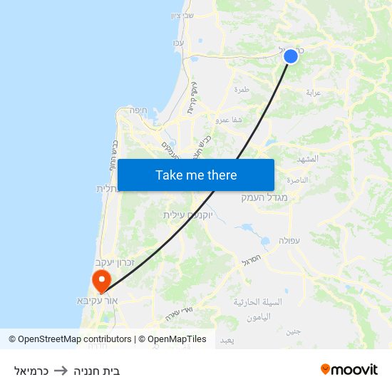 כרמיאל to בית חנניה map