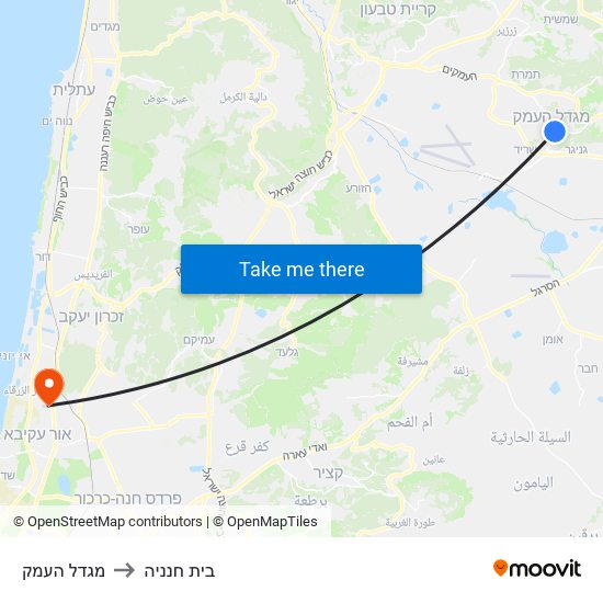 מגדל העמק to בית חנניה map