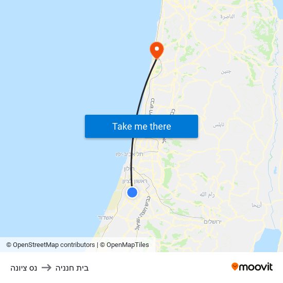 נס ציונה to בית חנניה map