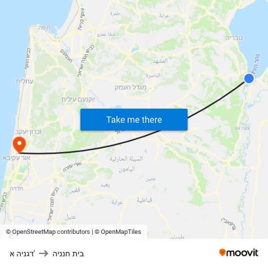 דגניה א' to בית חנניה map