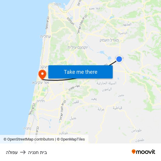 עפולה to בית חנניה map