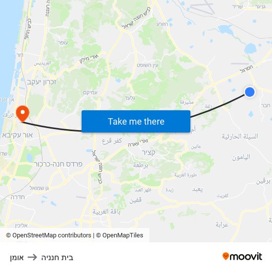 אומן to בית חנניה map