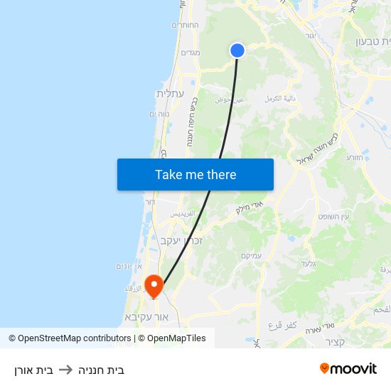 בית אורן to בית חנניה map