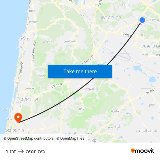 זרזיר to בית חנניה map