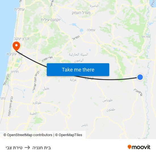 טירת צבי to בית חנניה map