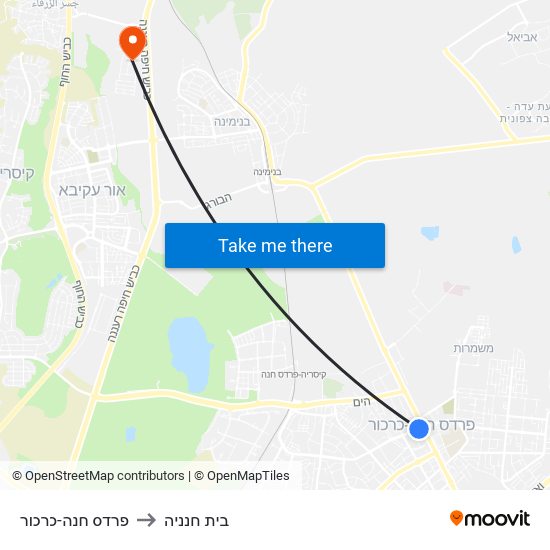 פרדס חנה-כרכור to בית חנניה map