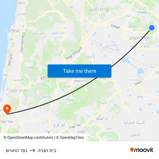 כפר החורש to בית חנניה map