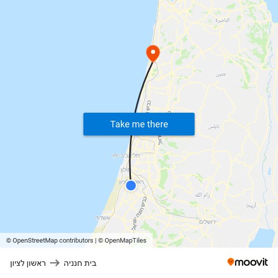 ראשון לציון to בית חנניה map