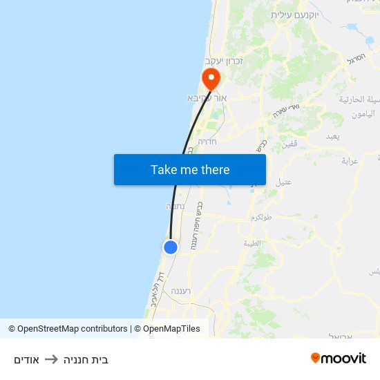 אודים to בית חנניה map