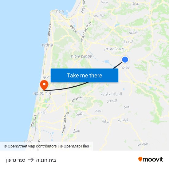 כפר גדעון to בית חנניה map