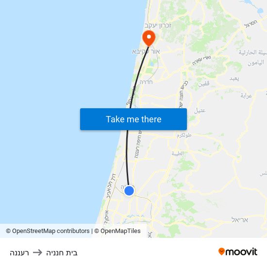 רעננה to בית חנניה map