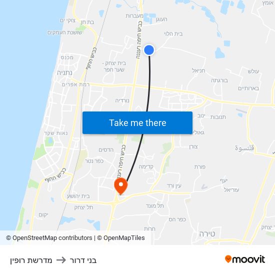 מדרשת רופין to בני דרור map