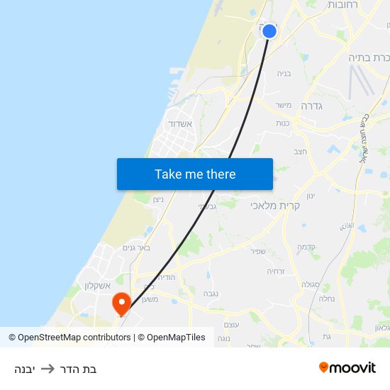 יבנה to בת הדר map