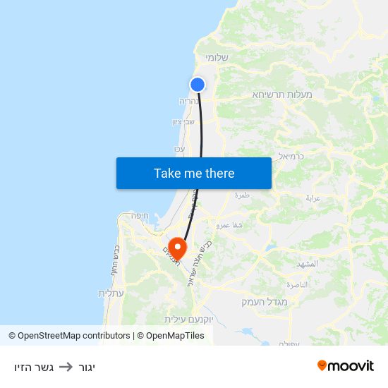 גשר הזיו to יגור map