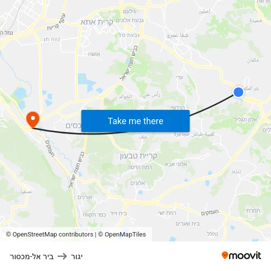 ביר אל-מכסור to יגור map