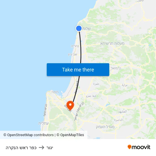 כפר ראש הנקרה to יגור map