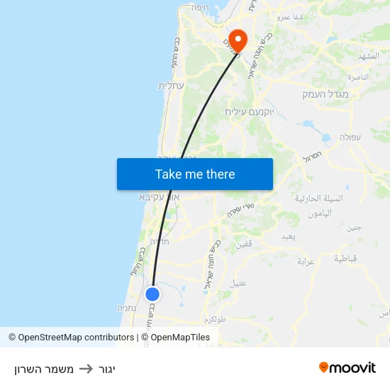 משמר השרון to יגור map